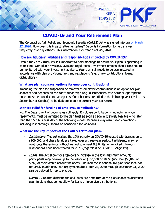 FAQ information from PKF Texas about the CARES Act impacting retirement plans rules during COVID-19 pandemic