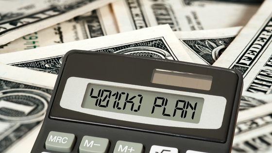 An image of a calculator reading "401(k) plan" sitting on top of dollar bills; image used for blog post about using 401(k) as a retirement saving strategy