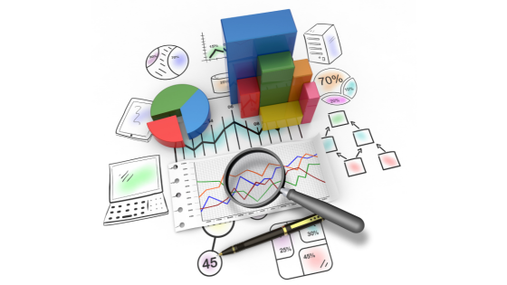 040423 – 4 Key Ratios Your Not-for-Profit Should Monitor – 560×315 An image of a magnifying glass, pie chart and bar graph blocks on top of data and numbers; for blog post about key ratios not-for-profits should monitor
